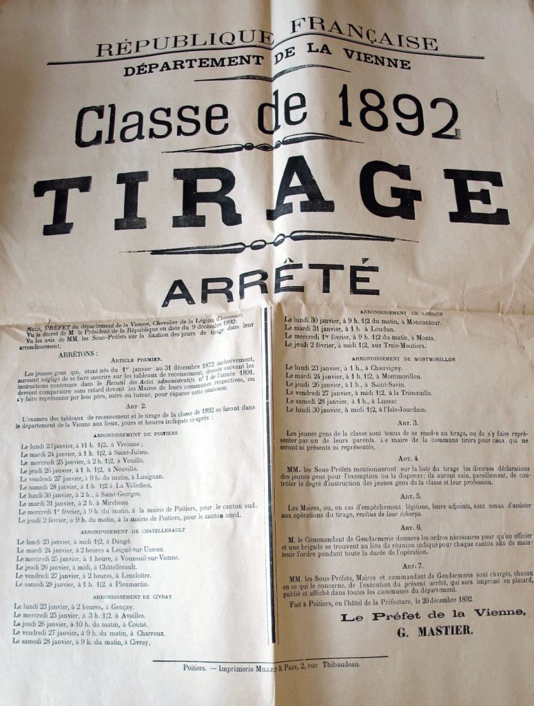 AD86 - Affiche de convocation au tirage de la classe 1892