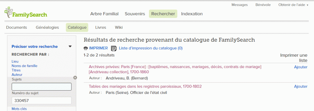 FamilySearch Recherche sur le catalogue