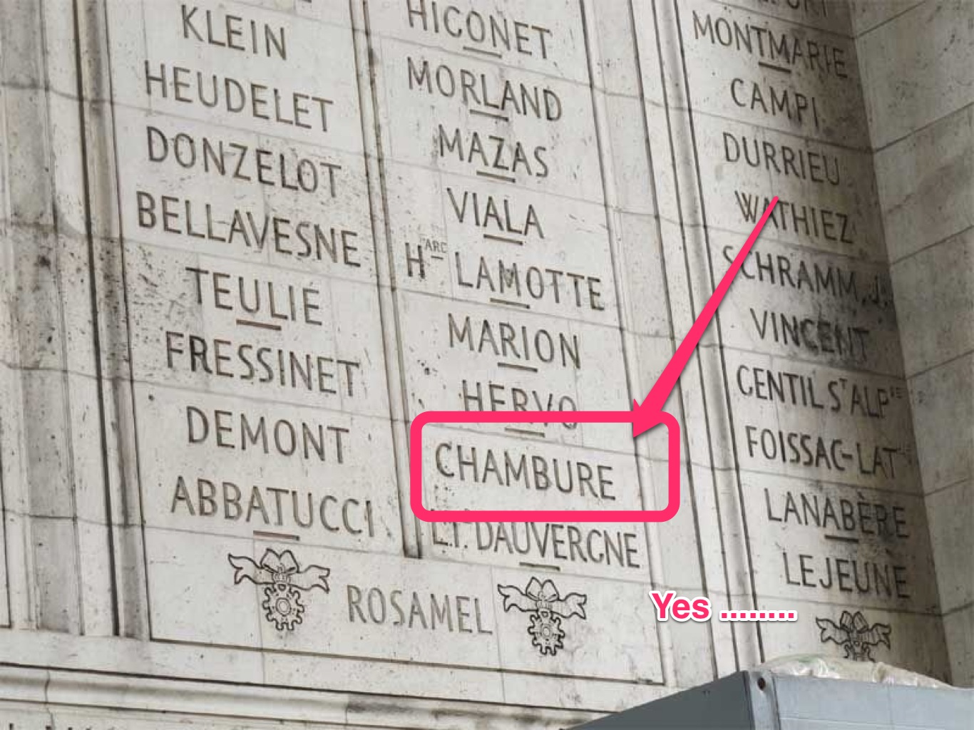 Mention de Laurent Augustin Pelletier de Chambure sous l'Arc de Triomphe