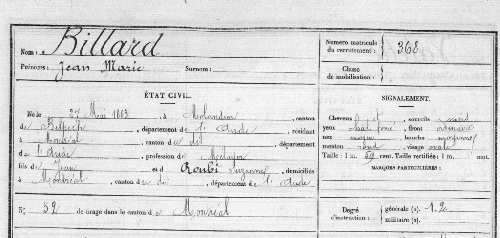 Registre Matricule Carcassonne 1883 - matricule 368 vue 446/512
