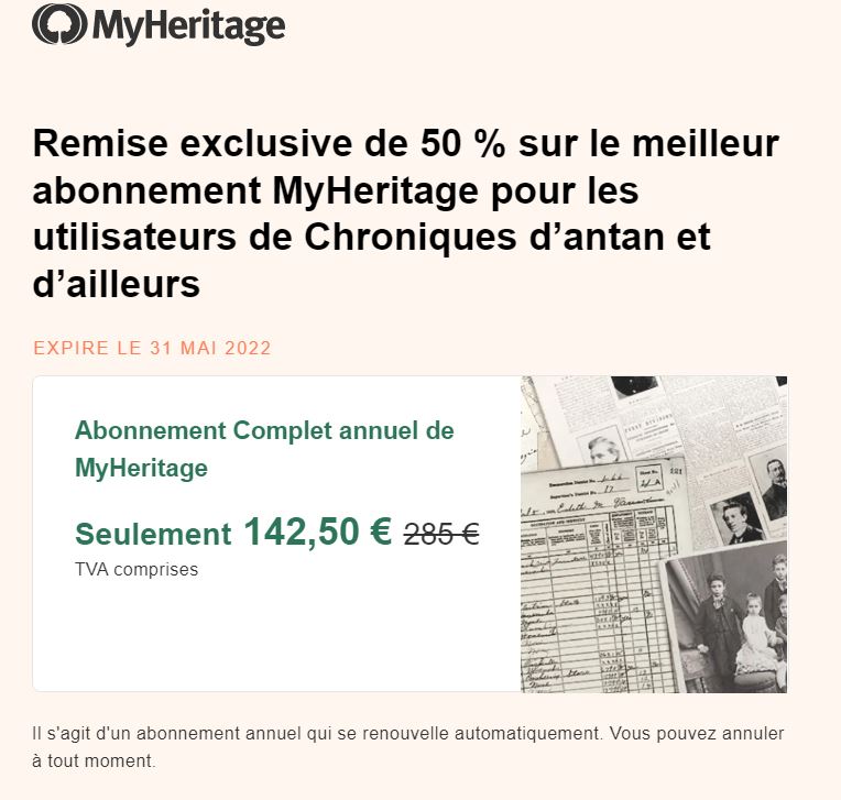 Votre abonnement à MyHeritage à moitié prix