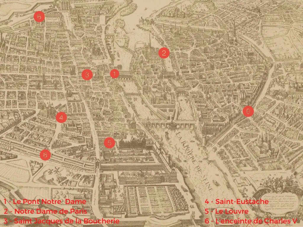 Plan de Paris 1630 avec indication des lieux de vie de la famille Moussier - Vabois