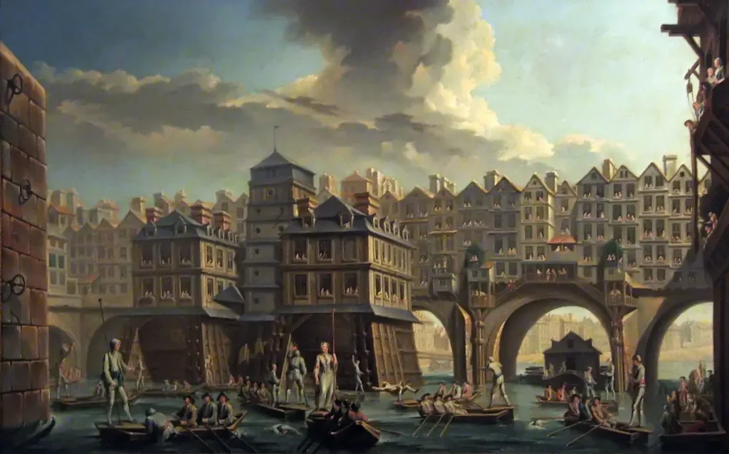 Tableau de Nicolas Raguenet, 1756, montrant une joute de bateliers sur la Seine, devant le Pont Notre Dame à Paris