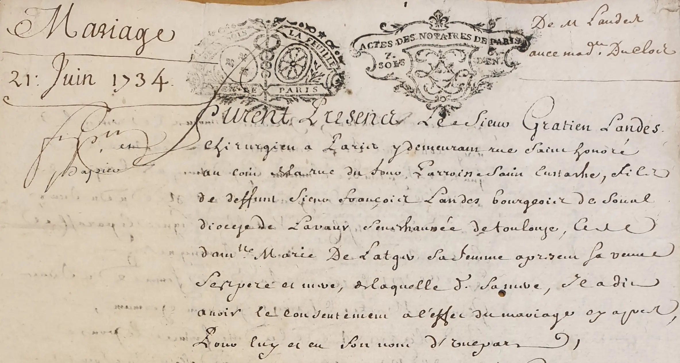 1734 – Contrat de mariage entre Gratien Landes et Catherine LeBois Duclos